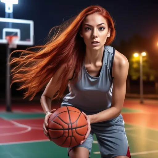 Prompt: (tall athletic woman playing basketball), olive skin tone, long flowing red hair, striking grey eyes, (dynamic pose), intense concentration, sporty attire, vibrant basketball court background, colorful surroundings, high energy scene, outdoor lighting, captivating expressive gestures, (HD, 4K quality).