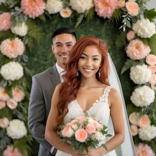 Prompt: Athletic woman in wedding attire, (multiracial) mix of Dutch, Persian, and Japanese, (6'4" tall, 198 lbs), (long red hair, grey eyes, olive skin), radiating happiness, lovingly gazing at her (shorter groom), elegant floral bouquet in hand, romantic ceremony backdrop, lush greenery and soft pastel decorations, light streaming down creating a dreamy atmosphere, (highly detailed and vivid colors), full of love and joy, (4K resolution).