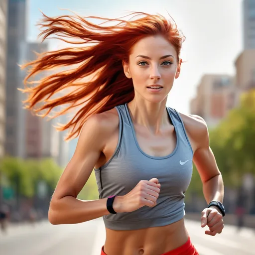 Prompt: athletic woman jogging, (tall and fit), olive skin, (long red hair), (grey eyes), dynamic motion, vibrant colors, sunny outdoor setting, cheerful ambiance, softly blurred city background, ultra-detailed, HD, embodying strength and fitness, wearing comfortable running gear, focused expression, emphasizes athleticism, capturing moment of energy and vitality.