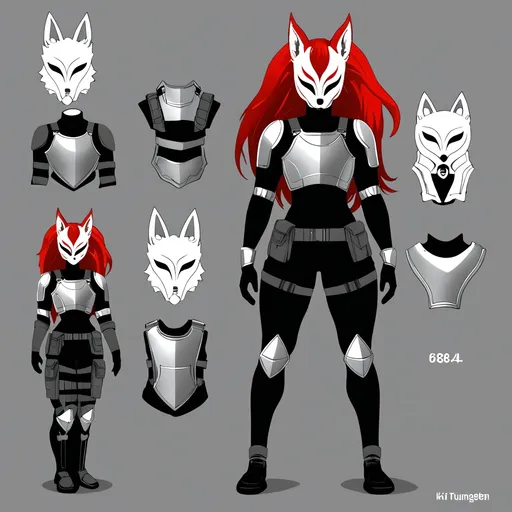 Prompt: Athletic woman, (6'4" tall, 198 lbs), with striking (red hair, grey eyes) wearing a (black mock neck sleeveless unitard with pockets), and (arm sleeves) under a (white tungsten breastplate and bracers with silver accents), equipped with a (Kitsune mask), (utility belt), and (thigh holster), set against a (dynamic background) with (dramatic lighting), emphasizing her confident and powerful stance, image quality: (4K, ultra-detailed).