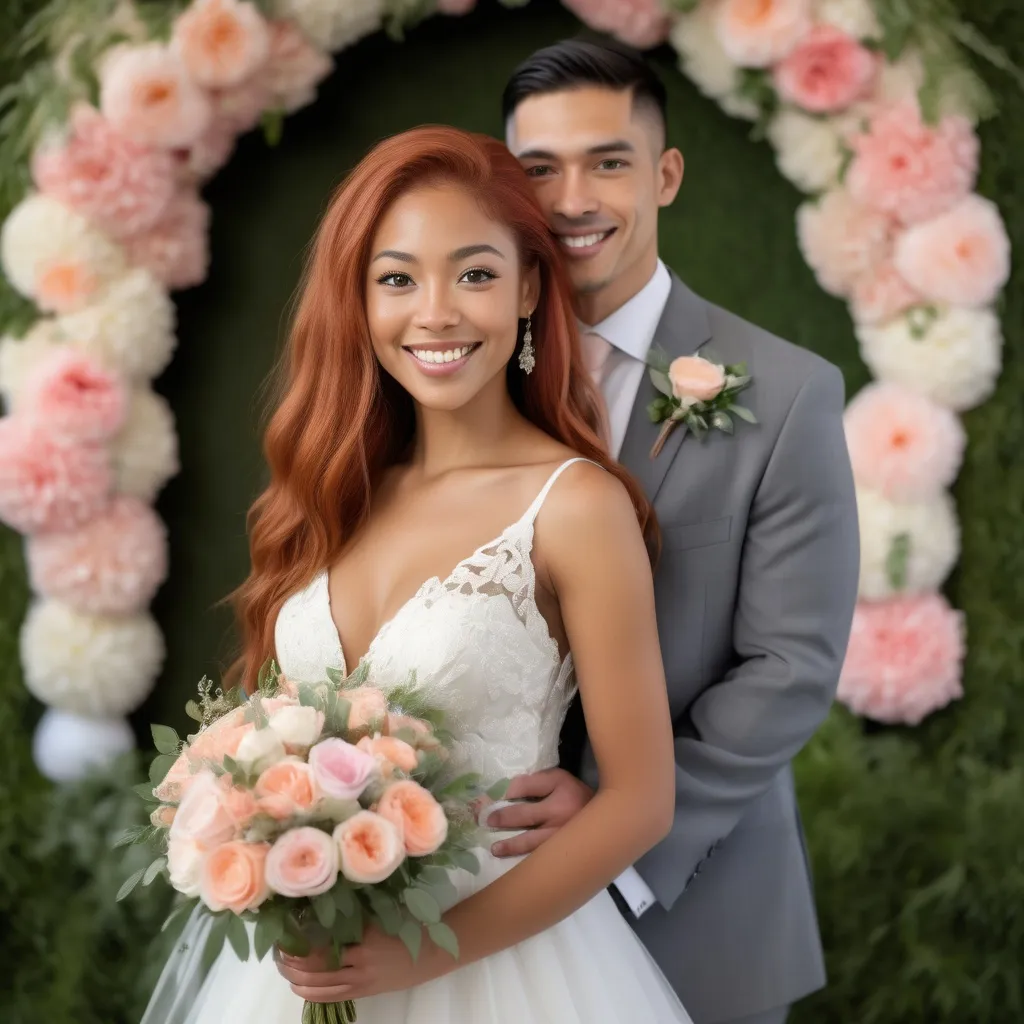 Prompt: Athletic woman in wedding attire, (multiracial) mix of Dutch, Persian, and Japanese, (6'4" tall, 198 lbs), (long red hair, grey eyes, olive skin), radiating happiness, lovingly gazing at her (shorter groom), elegant floral bouquet in hand, romantic ceremony backdrop, lush greenery and soft pastel decorations, light streaming down creating a dreamy atmosphere, (highly detailed and vivid colors), full of love and joy, (4K resolution).