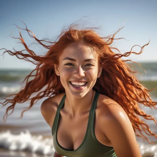 Prompt: Athletic woman enjoying the beach, (multiracial mix of Dutch, Persian, and Japanese), 6'4", 198 lbs, (long flowing red hair), (striking grey eyes), (olive skin tone), vibrant beach atmosphere, warm sunlight glistening on water, cheerful mood, laughing and playing in the waves, ultra-detailed, high-quality sunlight reflections, lively ocean backdrop, beach accessories like sunglasses and sunhat.