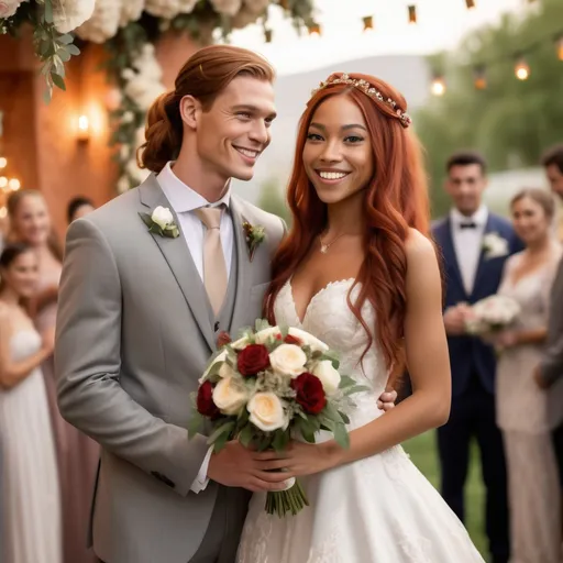 Prompt: (Athletic woman in wedding attire), (long red hair), (grey eyes), (olive skin tone), (6'4" tall), (multiracial), (groom is a handsome shorter man), romantic ambiance, warm lighting, elaborate floral decorations, joyful atmosphere, bridal bouquet in hand, elegantly composed with guests in the background, ultra-detailed, high quality, capturing the essence of love and celebration.