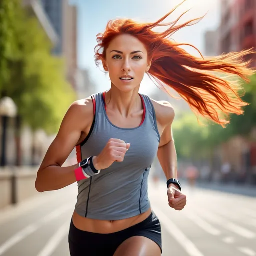 Prompt: athletic woman jogging, (tall and fit), olive skin, (long red hair), (grey eyes), dynamic motion, vibrant colors, sunny outdoor setting, cheerful ambiance, softly blurred city background, ultra-detailed, HD, embodying strength and fitness, wearing comfortable running gear, focused expression, emphasizes athleticism, capturing moment of energy and vitality.