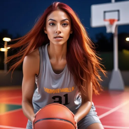 Prompt: (tall athletic woman playing basketball), olive skin tone, long flowing red hair, striking grey eyes, (dynamic pose), intense concentration, sporty attire, vibrant basketball court background, colorful surroundings, high energy scene, outdoor lighting, captivating expressive gestures, (HD, 4K quality).