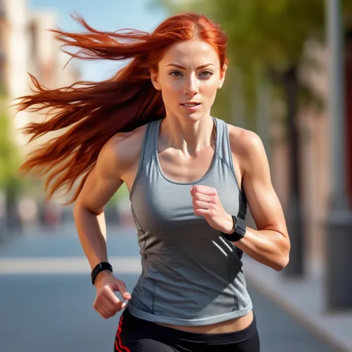 Prompt: athletic woman jogging, (tall and fit), olive skin, (long red hair), (grey eyes), dynamic motion, vibrant colors, sunny outdoor setting, cheerful ambiance, softly blurred city background, ultra-detailed, HD, embodying strength and fitness, wearing comfortable running gear, focused expression, emphasizes athleticism, capturing moment of energy and vitality.