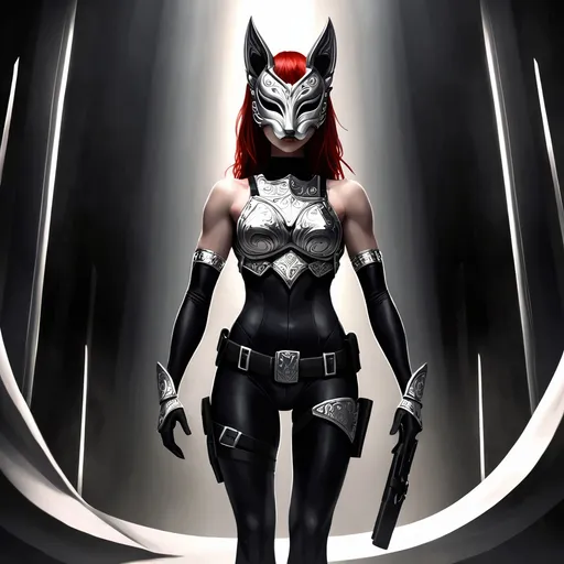 Prompt: (6'4" tall woman), athletic build, striking red hair, captivating grey eyes, wearing a sleek black mock neck sleeveless unitard with pockets, stylish arm sleeves, elegant white tungsten breastplate with intricate silver accents, matching bracers, a mysterious blindfold, a detailed Kitsune mask, utility belt, thigh holster, dramatic lighting, powerful and intense atmosphere, ultra-detailed, high quality.