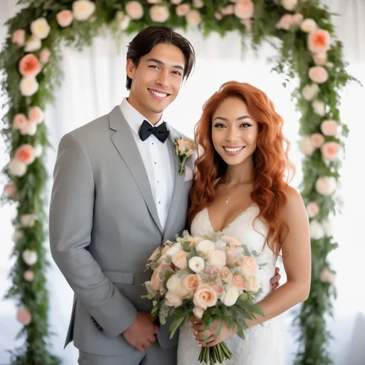 Prompt: Athletic woman in wedding attire, (multiracial) mix of Dutch, Persian, and Japanese, (6'4" tall, 198 lbs), (long red hair, grey eyes, olive skin), radiating happiness, lovingly gazing at her (shorter groom), elegant floral bouquet in hand, romantic ceremony backdrop, lush greenery and soft pastel decorations, light streaming down creating a dreamy atmosphere, (highly detailed and vivid colors), full of love and joy, (4K resolution).