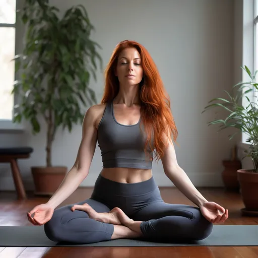 Prompt: (tall olive-skinned woman doing yoga), (6'4", 198 lbs, athletic build), flowing red hair, captivating grey eyes, serene indoor setting, soft natural lighting, calm ambiance, yoga mat beneath, focused expression, graceful pose, emphasizing balance and strength, inspirational mood, ultra-detailed, high-definition quality, tranquil environment, indoor plants in the background.