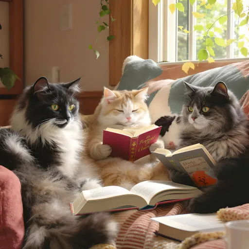 Prompt: a group of cats reading books
