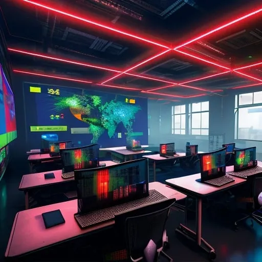 Prompt: Classroom with large screen, students, an AI lecturer, computer desks, ghana flag-themed background, net art, dystopia, hologram, highres, vibrant colors, detailed digital art, Art & Language, futuristic setting, atmospheric lighting, holographic display, professional rendering, cyberpunk aesthetic