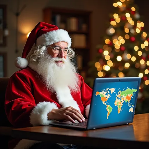 Prompt: Santa is sitting on a table with a laptop with world map on the laptop 