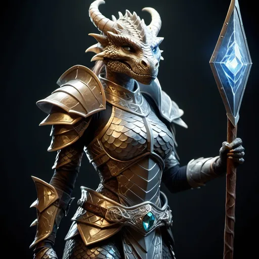 Prompt: Hyper Detailed female dragonborn, gem-body, crystal-body, diamond, scales, rock-body, armor, shield and spear
Soft lighting, studio background