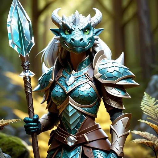 Prompt: Hyper Detailed female dragonborn, gem-body, crystal-body, diamond, scales, rock-body, no armor, shield and spear
Soft lighting, Forest background, Crystal scales
