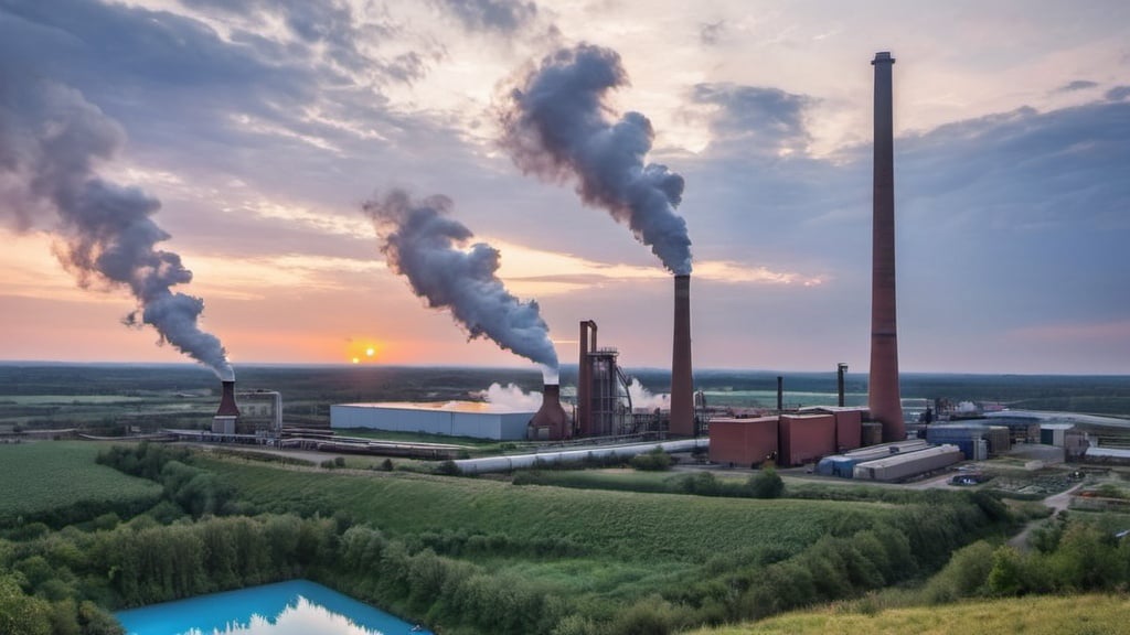 Prompt: a factory with a large smoke stack and a blue pool in front of it at sunset or dawn with clouds, Andries Stock, samikshavad, tone mapping, a stock photo
