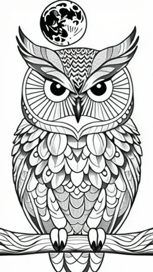 Prompt: adult coloring book page of and Owl on a tree branch in front of the moon.