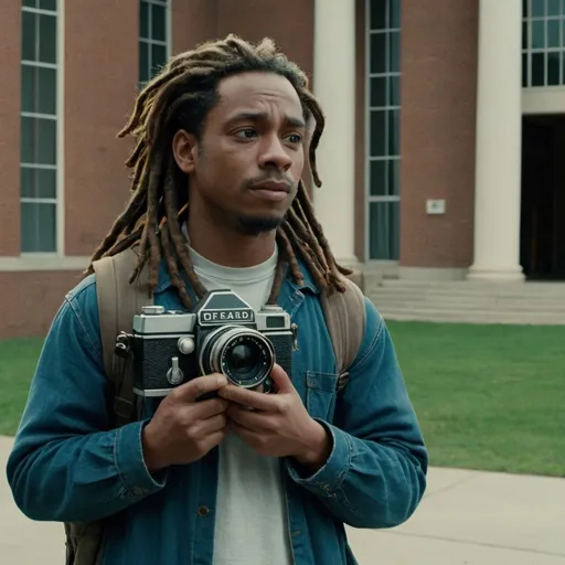 Prompt: In the start of the film the main character is outside the art building. The character is waiting for his friend to arrive, the main character has dreads and is holding a camera as he waits for his friend