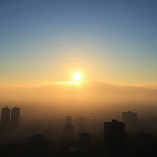 Prompt: a sun is shining over a foggy city skyline with a few buildings in the foreground and a hill in the background, Almada Negreiros, hudson river school, sunrise, a matte painting