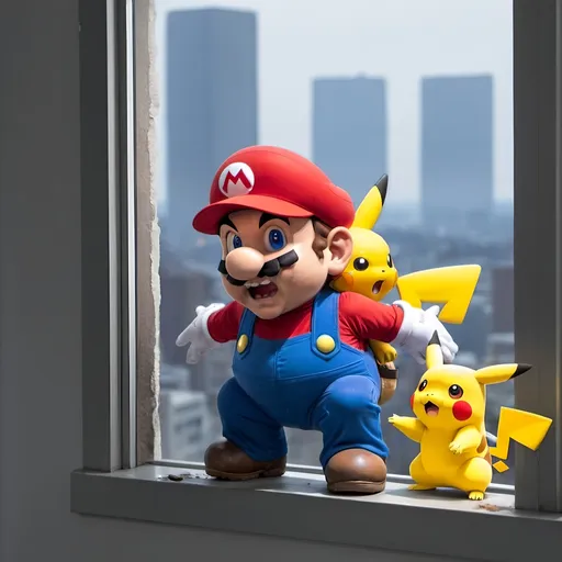 Prompt: Mario cries and Pikachu throws Toad out of window