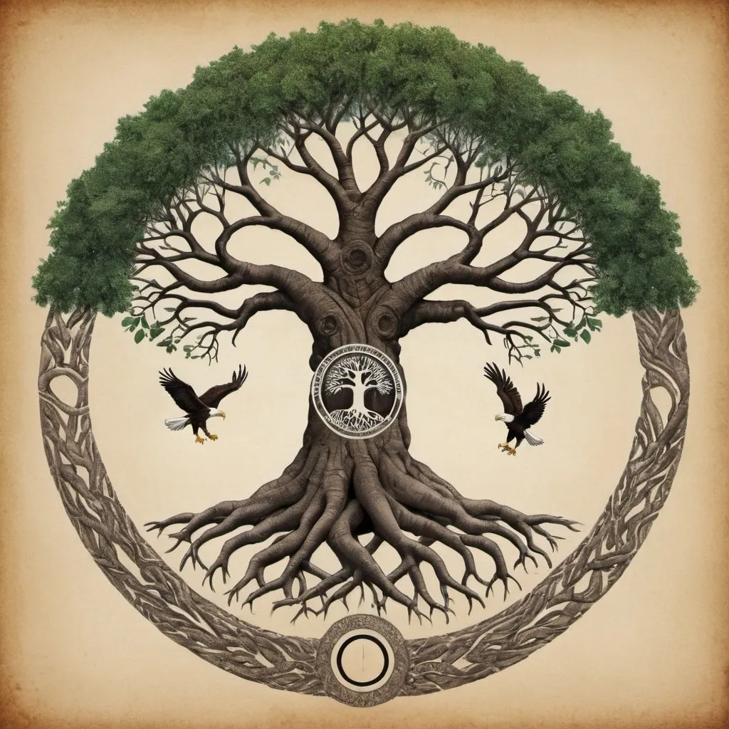 Prompt: A tree of life where the roots merge into hand shake with an eagle above and a circle representing a kraal surrounding the tree