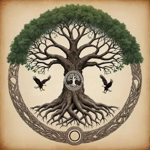 Prompt: A tree of life where the roots merge into hand shake with an eagle above and a circle representing a kraal surrounding the tree