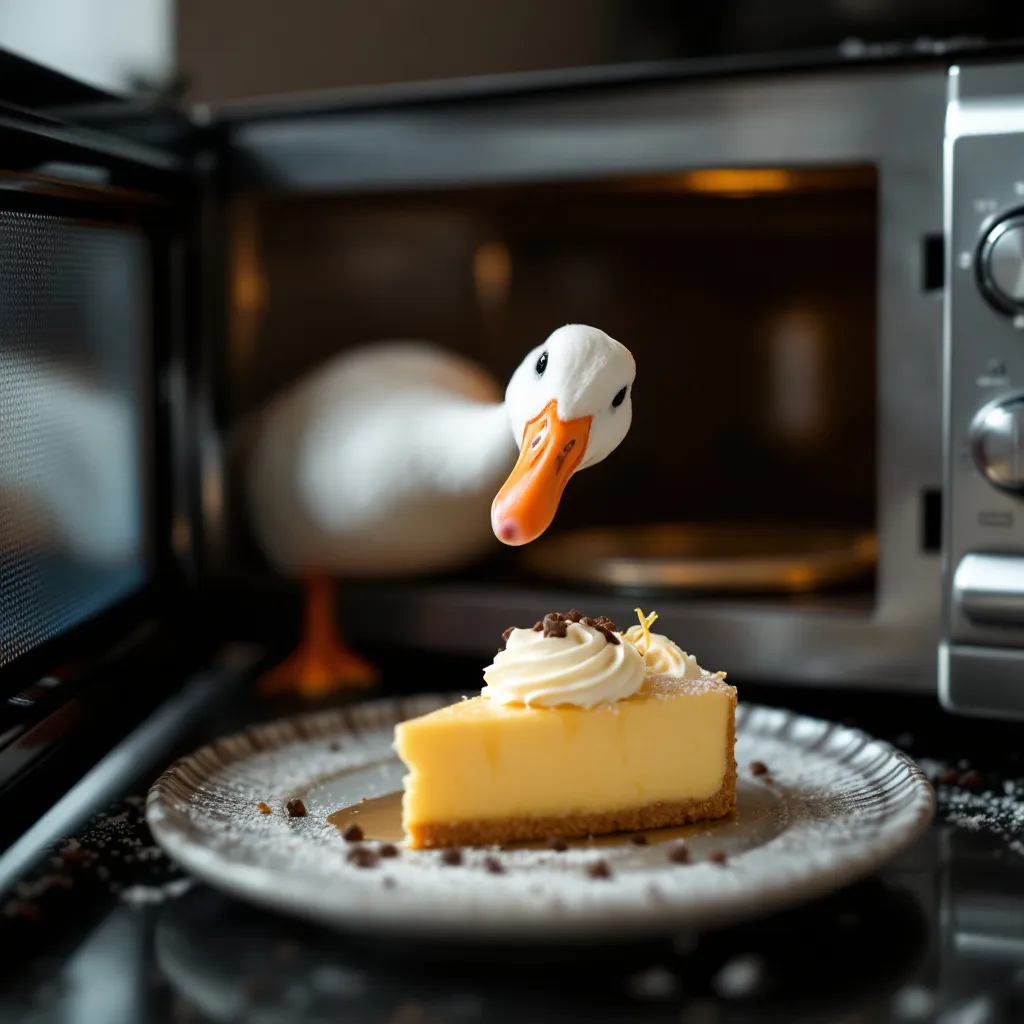 Prompt: Goose sticking out of a microwave in a dessert

