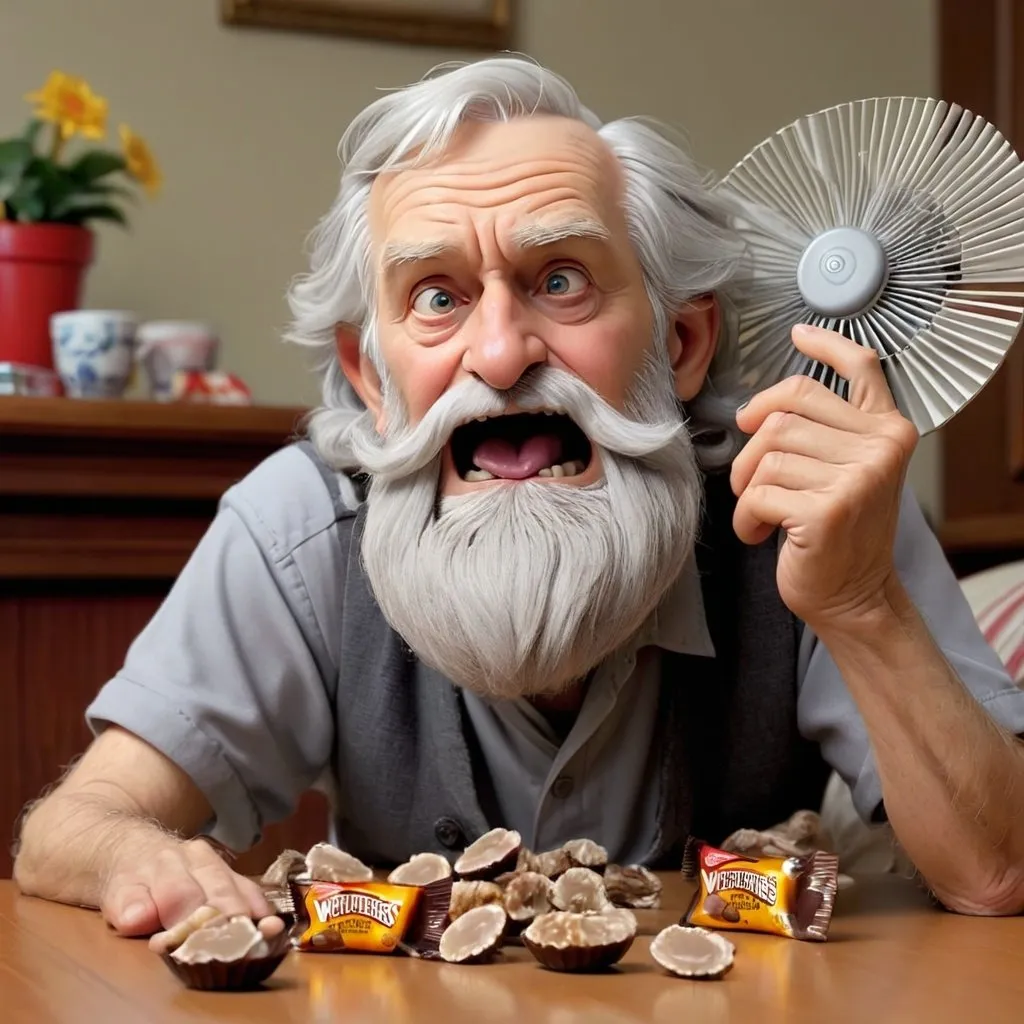 Prompt: Retardrd long grey old man long grey beard Laying down in-front of fan eating chewy werthers lol