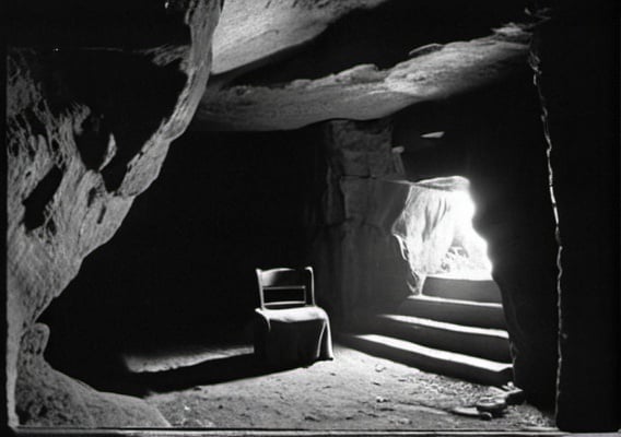 Prompt: A primitive cave opening on the right, with a medieval German-style throne deep in the cave. A soft beam of light shines on the steps from outside the cave. Medieval style, Richard Wagner style pictures, black and white colors, with the coarse grain of film, a sense of salvation, a sense of sublimity, and a sense of dramatic lighting.