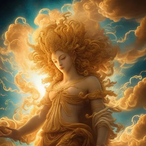 Prompt: Majestic, ethereal depiction of a powerful deity, luminous and divine, heavenly clouds swirling, golden, celestial glow, intricate and divine, divine glow, godlike aura, majestic, highres, ultra-detailed, heavenly, ethereal, divine, celestial, golden glow, powerful, atmospheric lighting