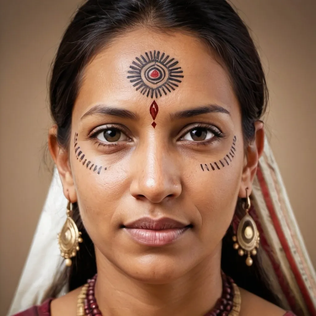 Prompt: Transformational Insights: ancestral loyalties and decoding facial features, healing therapy, Indian woman 