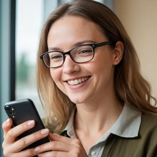 Prompt: a woman wearing glasses and smiling while looking at a cell phone screen with a video player on it's screen, Christian Hilfgott Brand, verdadism, glasses, a stock photo. Facial Decoding 