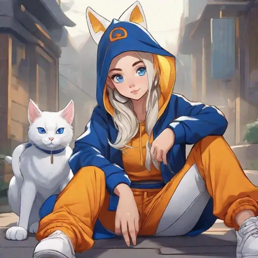 Prompt: a cartoon  girl with blue eyes light skinned, golden earrings,,wearing a blue  hood  jersey with white thick straps, with cats ears  and a grey tights ,sitting down ,dragonball artstyle 