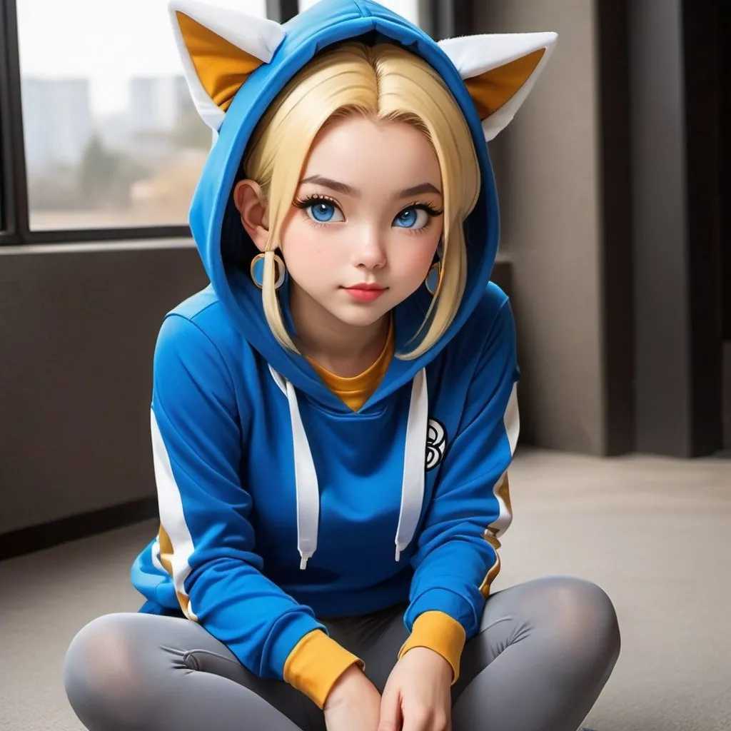 Prompt: a cartoon  girl with blue eyes light skinned, golden earrings,,wearing a blue  hood  jersey with white thick straps, with cats ears  and a grey tights ,sitting down ,dragonball artstyle 