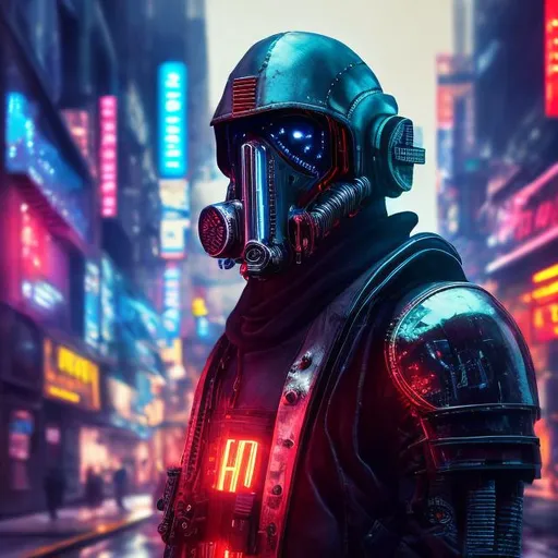 Prompt: UHD, 8k, high quality, neon lighting, cyberpunk, hyper realism, Very detailed,  clear visible face, male futuristic assassin, he is wearing a armor plated suit and gas mask, santa's hat, he is standing in a city street