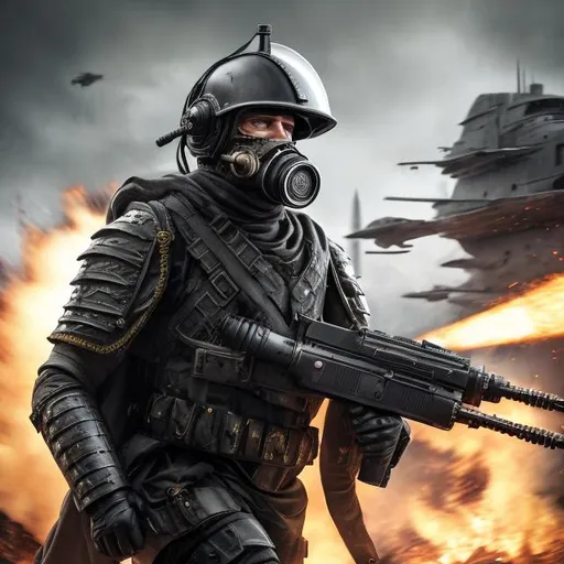 Prompt: A modern roman military male in black military roman armor, and gas mask, wear santa's hat, running, background sci fi war jet fighter, Hyperrealistic, sharp focus, Professional, UHD, HDR, 8K, Render, electronic, dramatic, vivid, pressure, stress, nervous vibe, loud, tension, traumatic, dark, cataclysmic, violent, fighting, Epic
