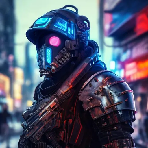 Prompt: UHD, 8k, high quality, neon lighting, cyberpunk, hyper realism, Very detailed,  clear visible face, male futuristic assassin, he is wearing a armor plated suit and gas mask, santa's hat, he is standing in a city street