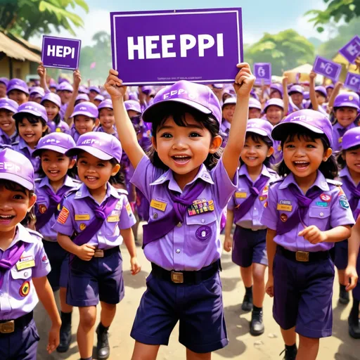 Prompt: Kid scout with purple accent, carrying BOGOR HEPI sign, surrounded by people with purple hats, holding the same sign, vibrant and lively, high quality, digital painting, purple accents, cheerful atmosphere, detailed scout uniform, crowded background, outdoor setting, happy expressions, colorful, joyful, detailed faces, bustling scene, energetic lighting