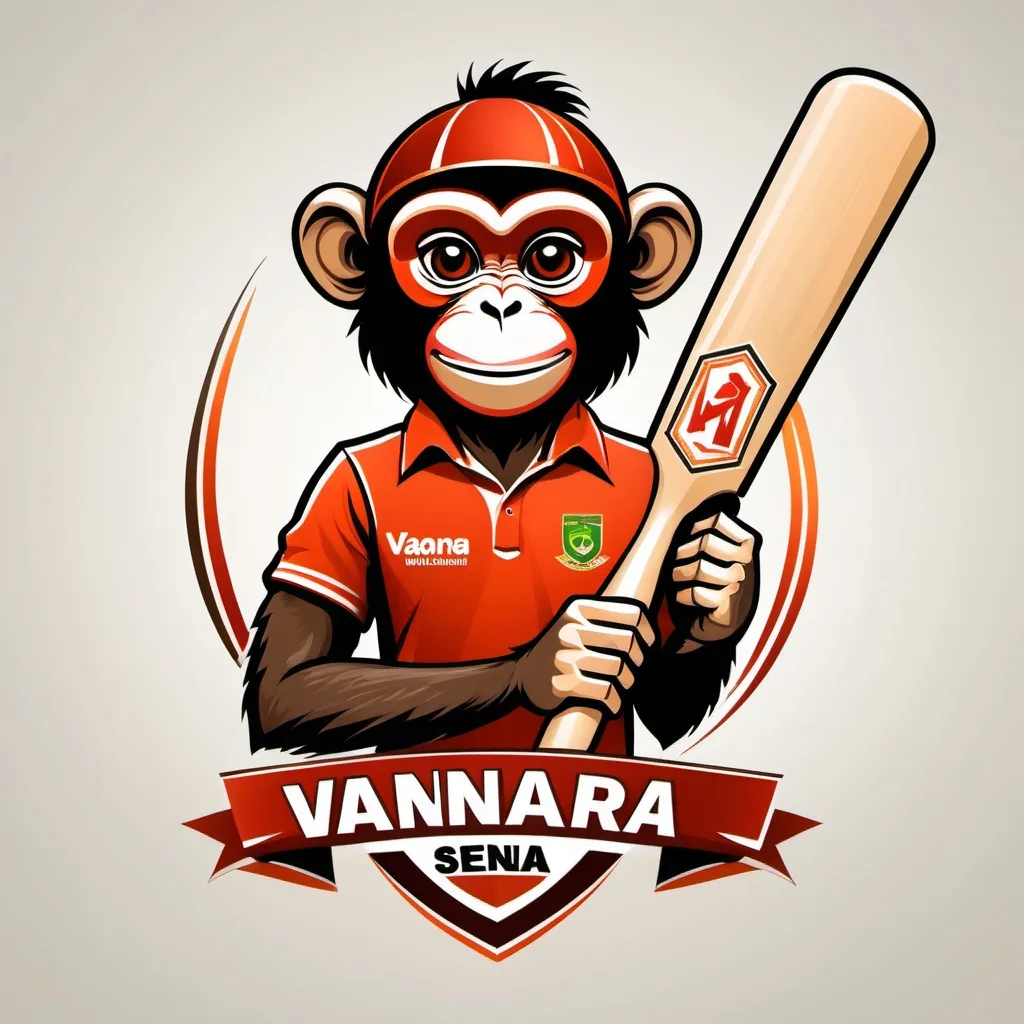 Prompt: Create a logo for cricket team named Vaanara Sena
Name represents a monkey
Monkey holding cricket bat and ball