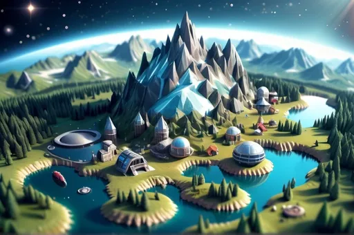 Prompt: aerial view, tilt-shift, isometric miniature space, detailed landscape galactic world render with futirisitcs houses and star ships, mountains with lakes. The isometric illustration should be at the bottom left of the image