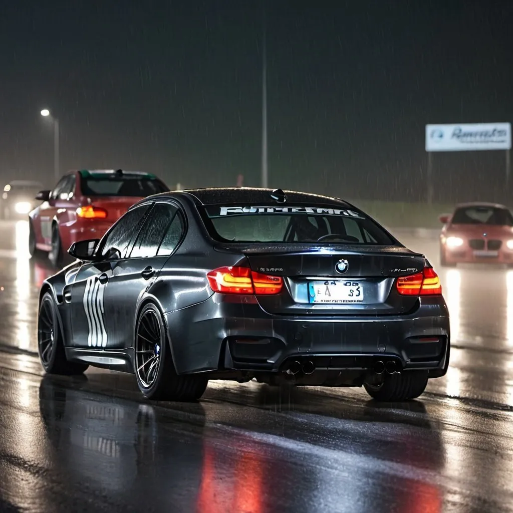 Prompt: a BMW M3 racing with 3 other cars in a rainy night