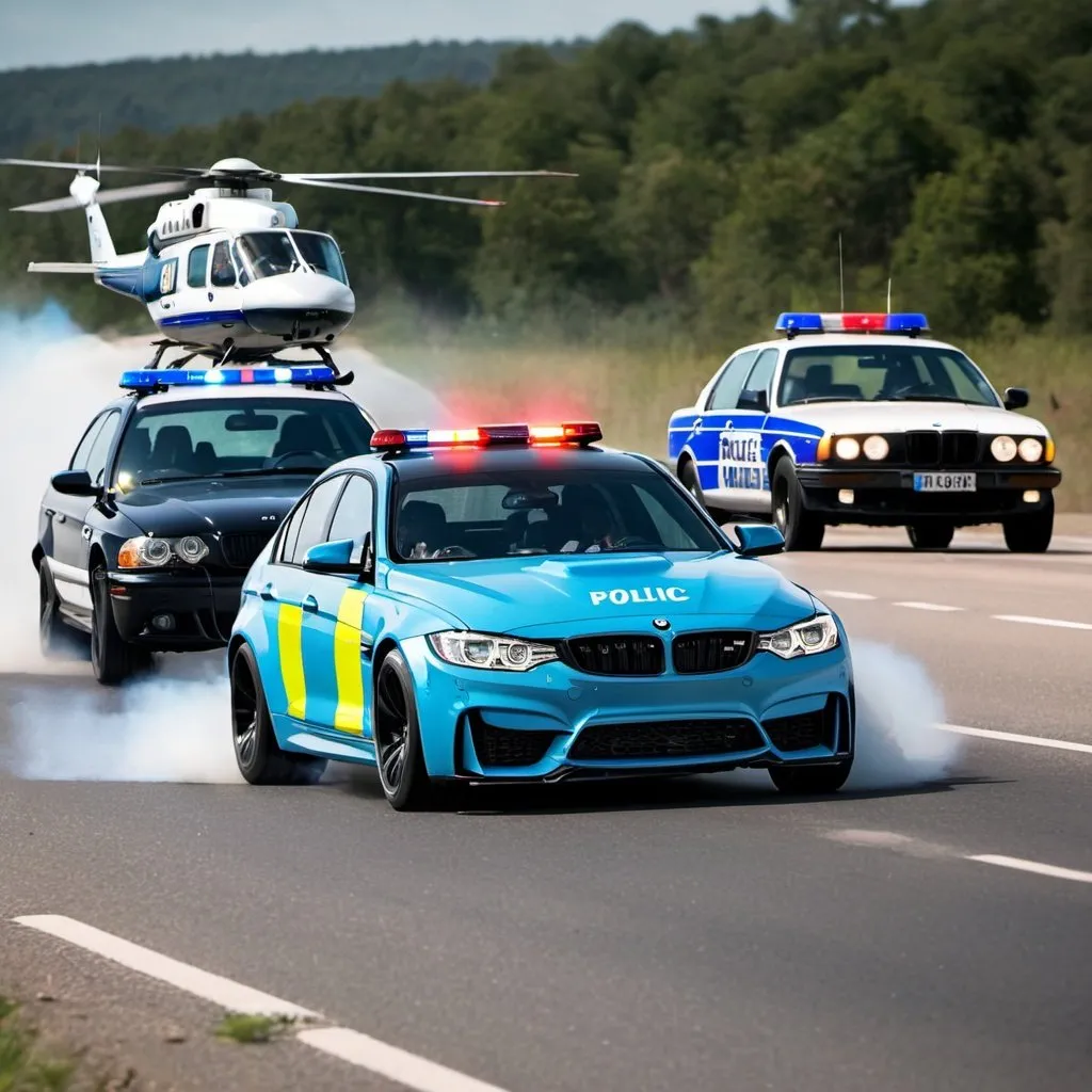 Prompt: BMW M3 Drifting on a road with police chasing behind the car and a police helicopter in the sky and also a police jeep following the police cars