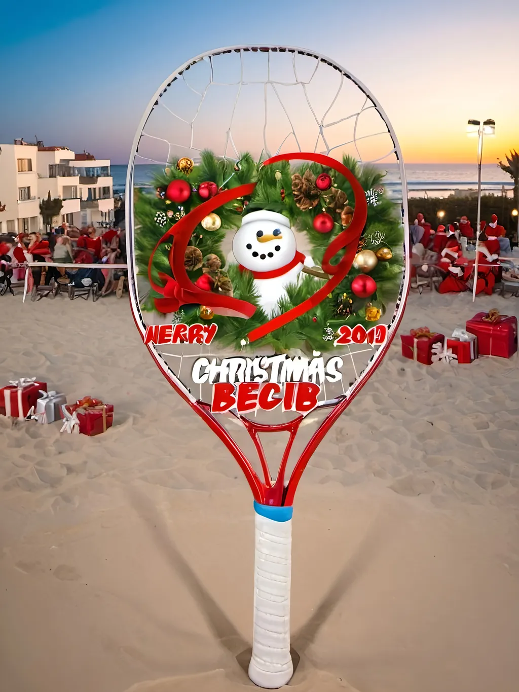 Prompt: A Christmas image for the Larnaca beach tennis club 