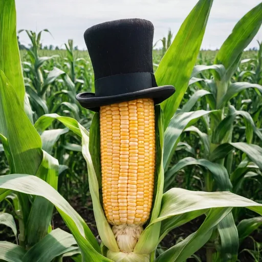 Prompt: an ear of corn wearing a top hat