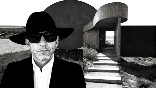 Prompt: graphic photography of the man in hat and background. apply style reference to the right