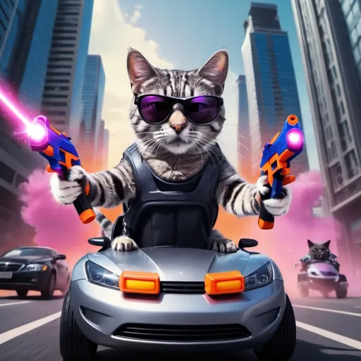 Prompt: A gray tabby cat with sunglasses is driving a convertible car through a futuristic skyscraper city. He is holding a toy nerf gun and pointing it at the viewer. On the street and in buildings there are multiple people and aliens doing activities found in video games. Some are fighting with laser guns, some are fighting with swords with knight armor on, and some are creating art, some are flying on a hoverboard, and some are being silly. There is an explosion in the distance.