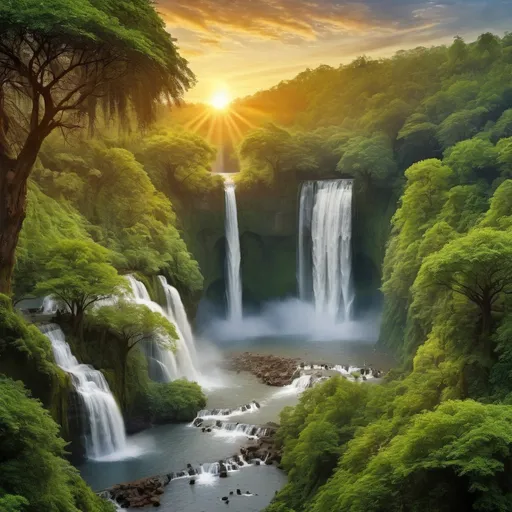 Prompt: A forest all animals on center of the forest waterfalls on the background big tress sunrise 
