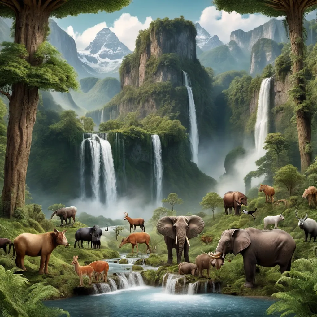 Prompt: A forest with all animals on center of the forest and background waterfalls with big mountains and big trees 