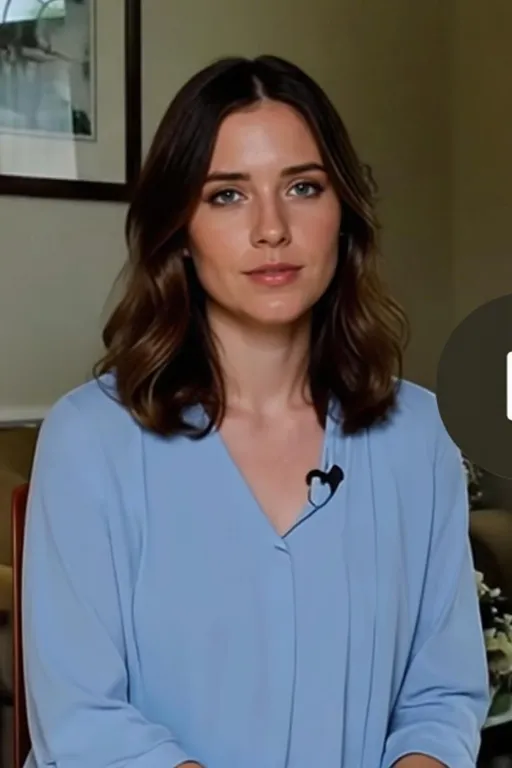 Prompt: a young mother, slim and pretty with shoulder-length brown hair, blue eyes, and a light blue blouse.