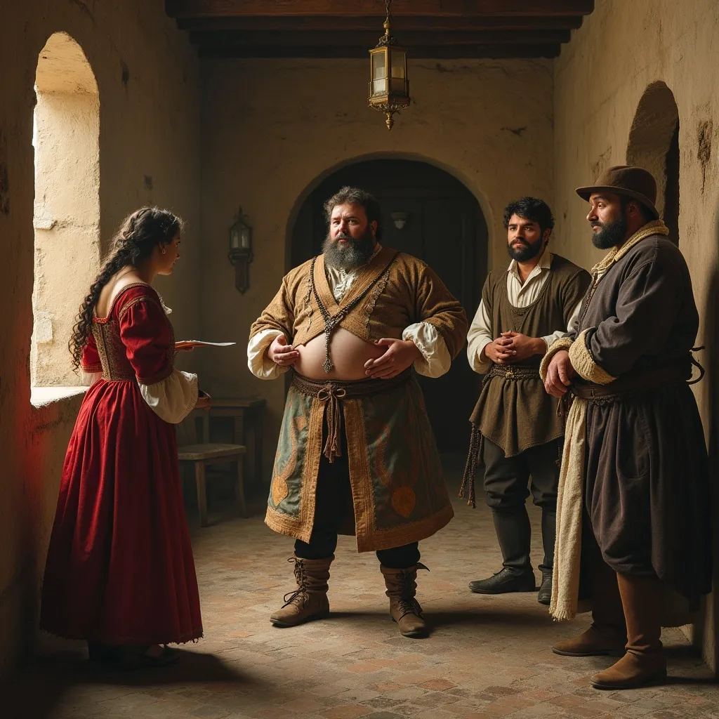 Prompt: Genera una imagen del cuento El Quijote donde aparezca Sancho panza (con barriga y que mida menos que los demas ) afirmando algo, junto a una doncella con un vestido medieval, un cura y un hombre con vestimenta normal medieval, y todos estan en un hotel de la epoca medieval
