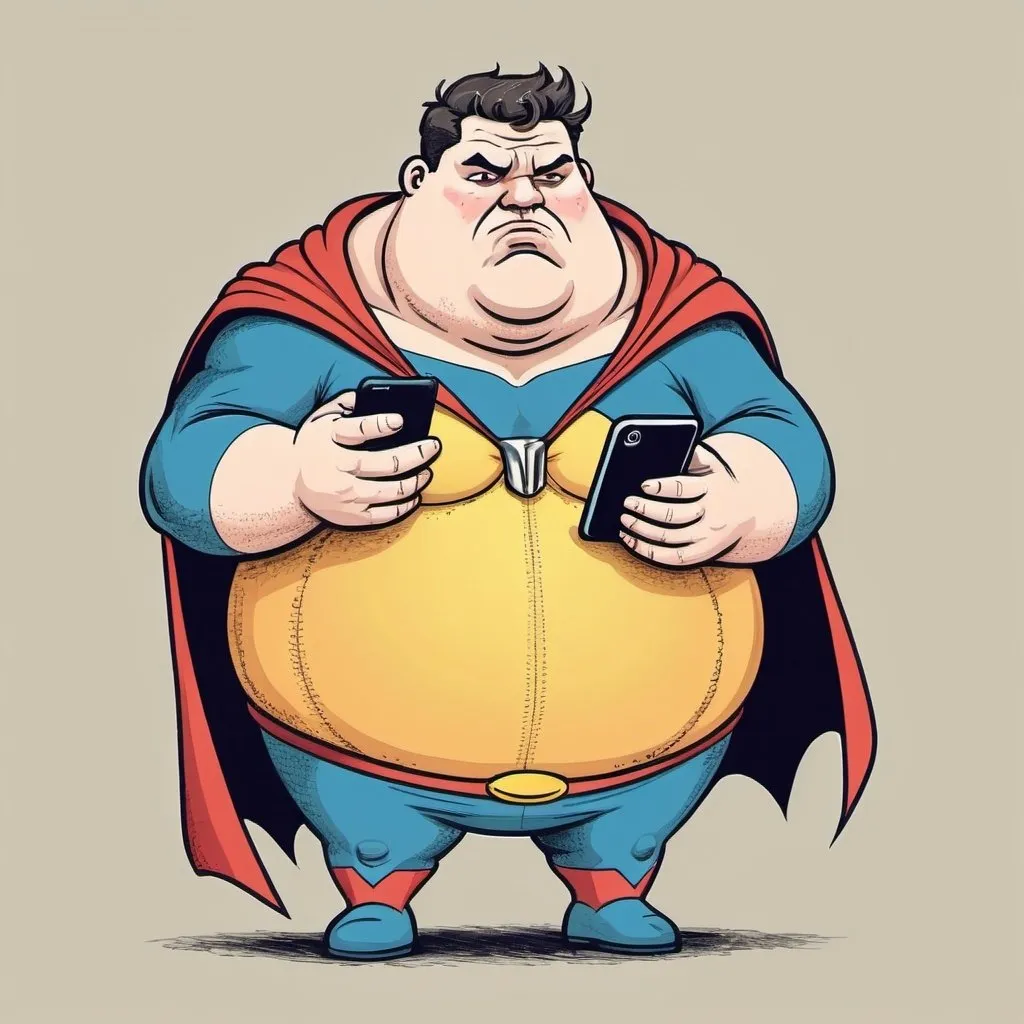 Prompt: Hand drawn style fat superhero looking down at his smart phone. make him more dejected and dishevelled in appearance